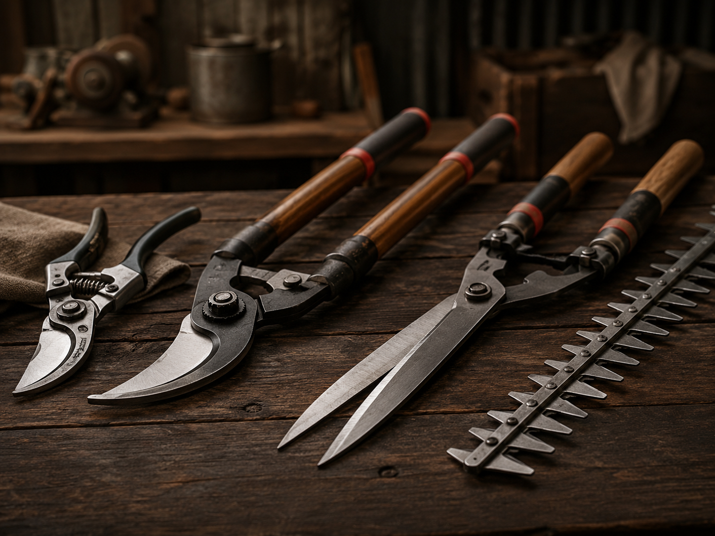 Garden tools on a workshop bench