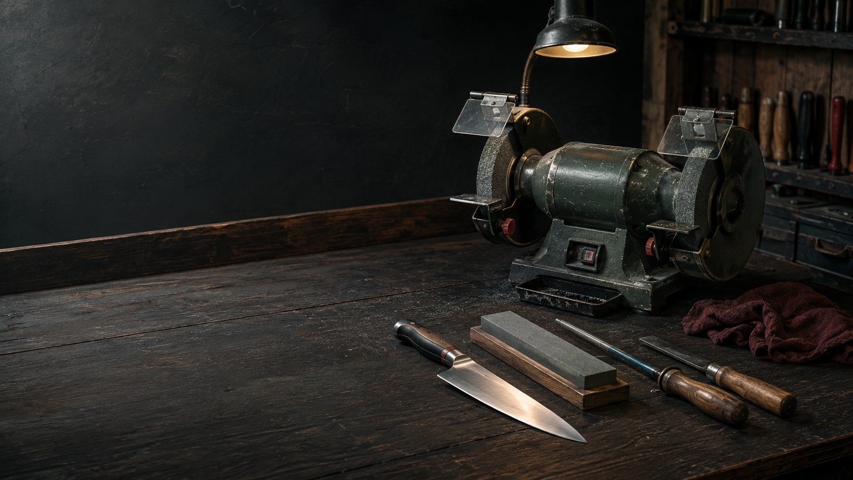 Sharpening workshop with tools and bench grinder