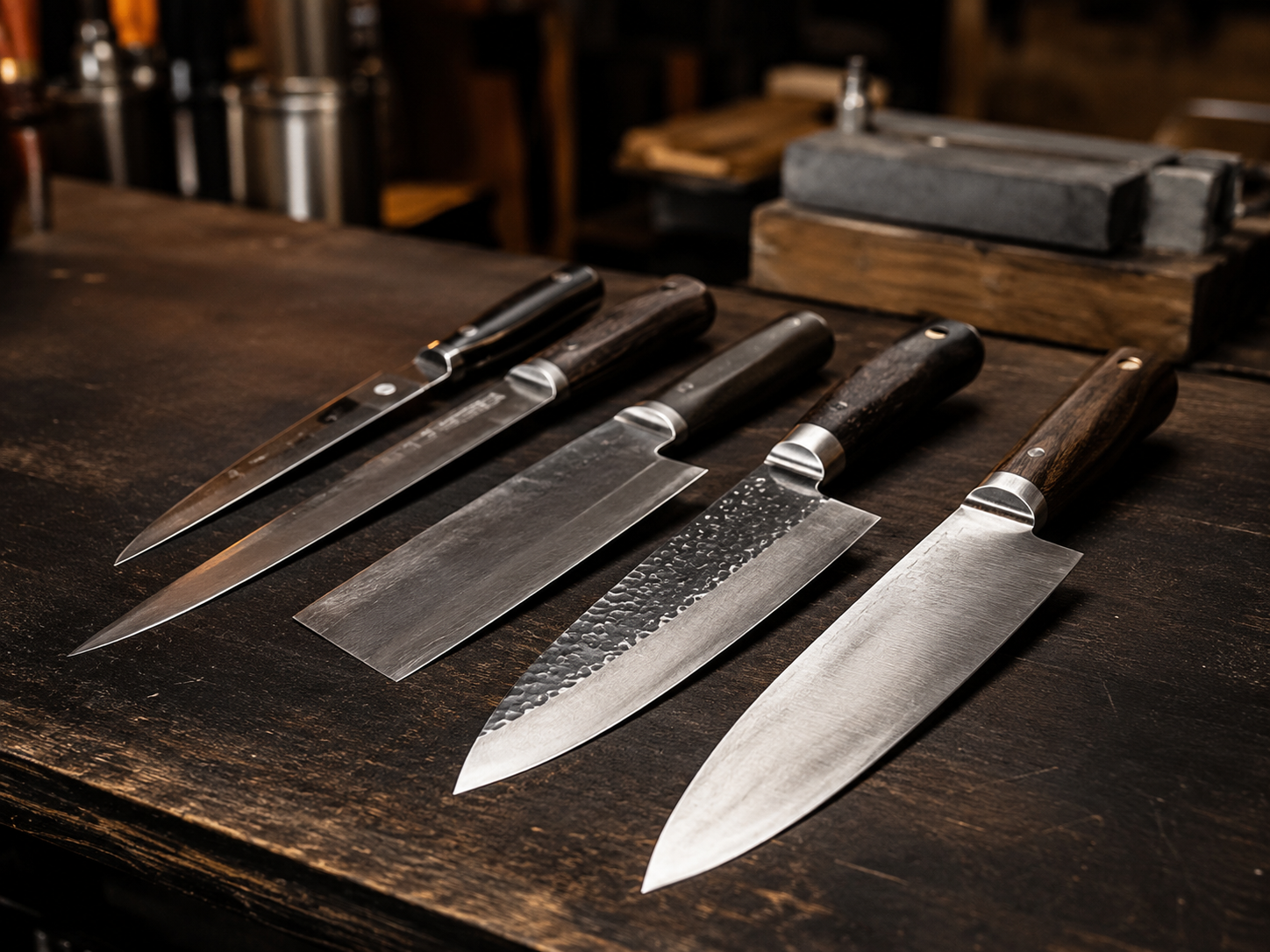 Sharpened kitchen knives on a workshop bench