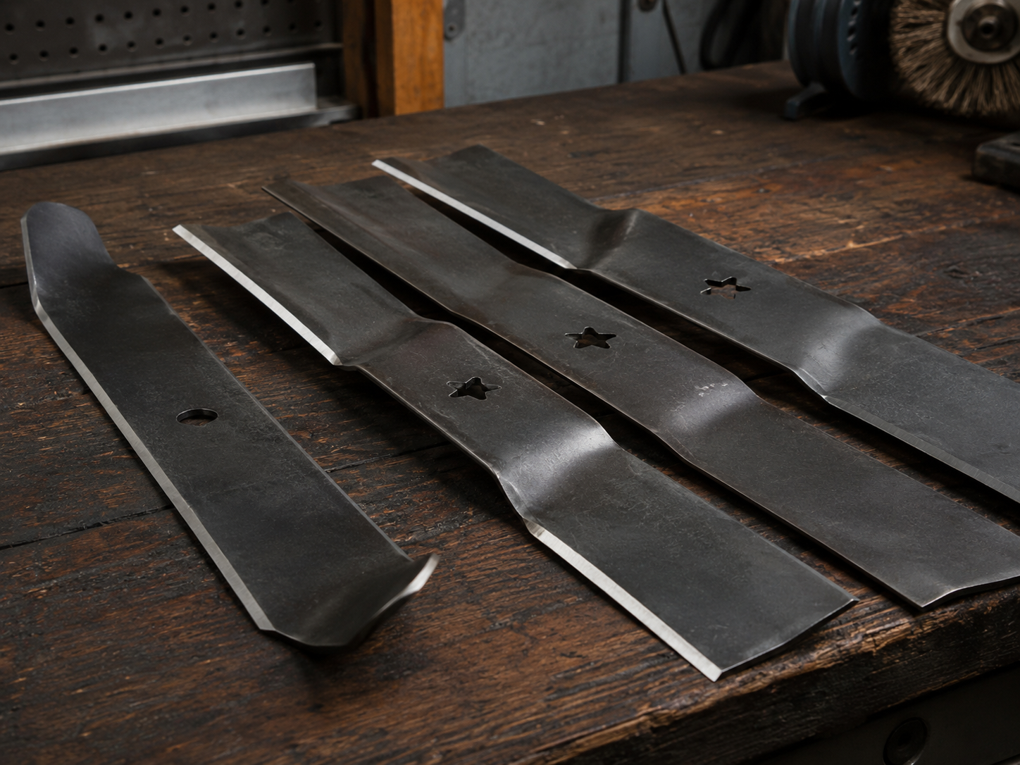 Lawn equipment blades on a workshop bench